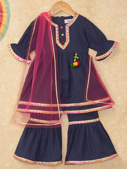 Hopscotch - Girls Navy Blue Lace Embellished Kurti and Sharara with Dupatta