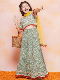 Hopscotch - 3-Piece Pom Embellished Ethnic Blouse with Lehenga and Dupatta