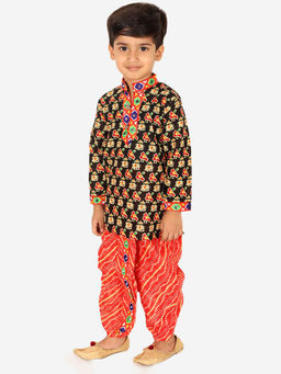 Hopscotch - Boys Black and Red Bird Print Cotton Ethnic Kurta Dhoti