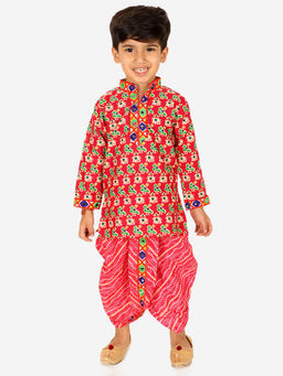 Hopscotch - Boys Pink and Red Bird Print Cotton Ethnic Kurta Dhoti
