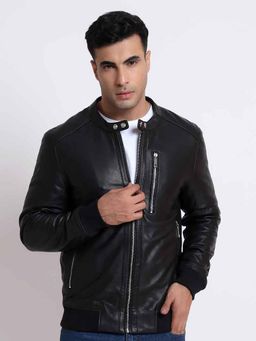 Saint G - Haden Men Black Leather Skull Bomber Jacket