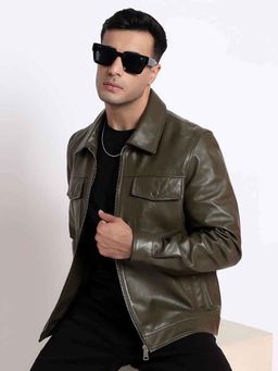 Saint G - Ruben Olive Leather Men Jacket with Collars