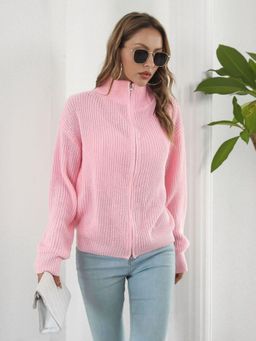 Oh Rare - Pink Women Striped Acrylic Crop Tailored Jacket