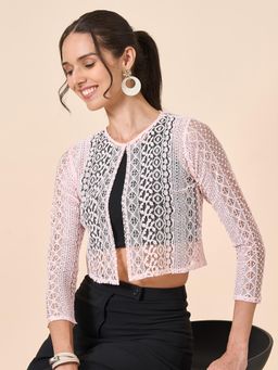 Style Quotient - Women Peach Nylon Lace Smart Casual Shrug