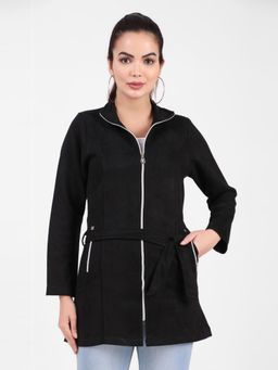 Fnocks - Women Black Winter Fleece Coat & Zipper Jacket With Belt