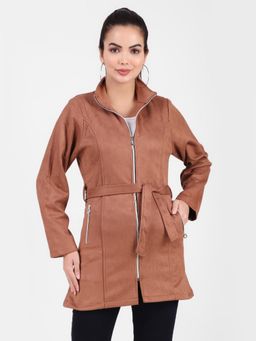 Fnocks - Women Brown Winter Fleece Coat & Zipper Jacket With Belt