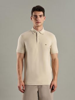 Tommy Hilfiger - Beige Solid Slim-Fit Cotton Polo T-shirt