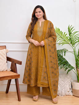 Gahan - Womens Viscose Blend A-Line Printed Kurta with Palazzo & Dupatta - Yellow