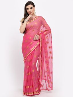 KISHORI - Women Meena Zari & Gota Work Chiffon Saree & Blouse Pink with Unstitched