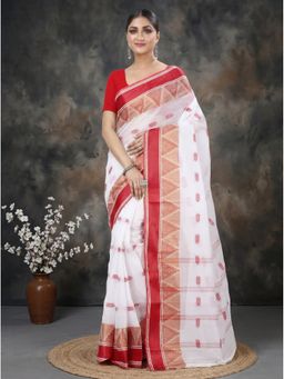 DipDiya - White Red Pure Cotton Traditional Bengali Sadasob Tant Saree without Blouse