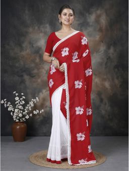 DipDiya - Red White Pure Cotton Traditional Bengali Teru Handloom Saree without Blouse