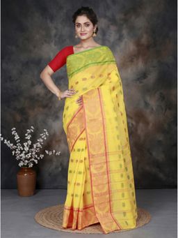 DipDiya - Yellow Pure Cotton Traditional Bengali Akriti Tant Saree without Blouse