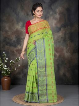 DipDiya - Green Pure Cotton Traditional Bengali Akriti Tant Saree without Blouse