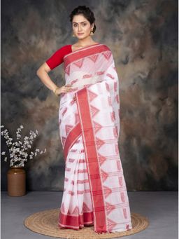 DipDiya - Red Pure Cotton Traditional Bengali Archana Tant Saree without Blouse