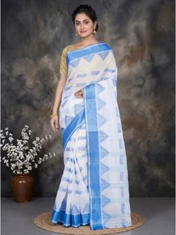 DipDiya - Sky Blue Pure Cotton Traditional Bengali Archana Tant Saree without Blouse