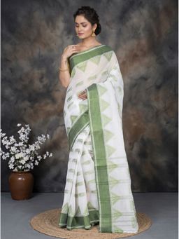 DipDiya - Green Pure Cotton Traditional Bengali Archana Tant Saree without Blouse
