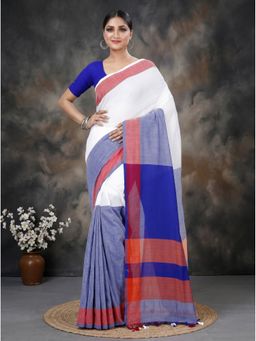 DipDiya - White Blue Pure Cotton Traditional Bengali Kousiki Handloom Saree without Blouse