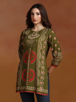 Shree - Women Liva Olive Geometric Print Tunic