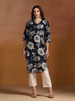Shree - Women Cotton Navy Blue Printed Kurta