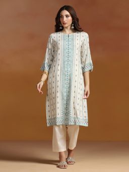 Shree - Women Liva Off White Printed Kurta
