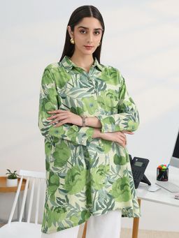 Libas - Green Floral Printed Front Open Shirt