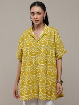 Libas - Lime Green Ethnic Motif Printed Shirt with Kimono Sleeves