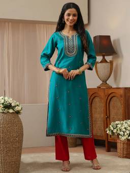 Libas - Teal Ethnic Motif Embroidered Straight Kurta with Pocket and Lining (3XL)