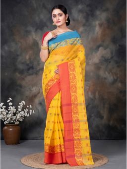 DipDiya - Yellow Pure Cotton Traditional Bengali Ganga Latapar Tant Saree without Blouse