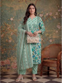 Yufta - Sea Green Cotton Plus Straight Sequins Work Kurta with Pant and Dupatta
