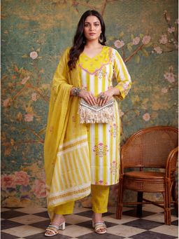 Yufta - Yellow Cotton Plus Straight Kurta with Pant and Dupatta