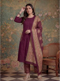 Yufta - Burgundy Cotton A-Line Patch Work Pluse Size Kurta with Pant and Dupatta