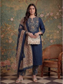 Yufta - Navy Blue Cotton A Line Patch Work Plus Size Kurta with Pant and Dupatta