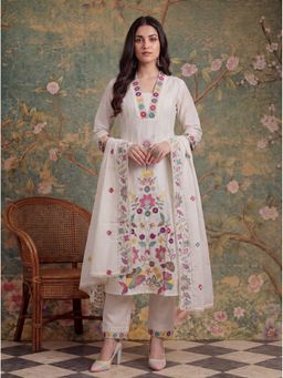 Yufta - White Cotton Thread Work Sequins Work Kurta with Pant and Dupatta