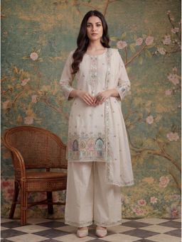 Yufta - Cream Cotton Thread Work Kurta with Palazzo and Dupatta