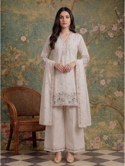 Yufta - Cream Cotton Thread Work Kurta with Palazzo and Dupatta