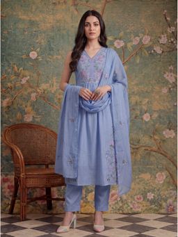 Yufta - Blue Mull Chanderi Have A Lining Pleated Kurta with Pant and Dupatta