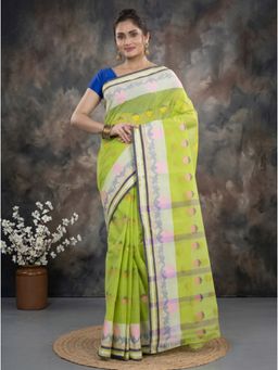 DipDiya - Green Pure Cotton Traditional Bengali Paddapar Tant Saree without Blouse