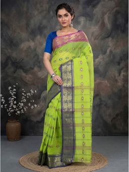 DipDiya - Light Green Pure Cotton Traditional Bengali DuiHas Tant Saree without Blouse
