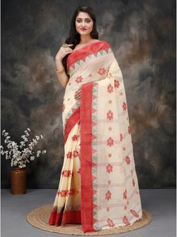 DipDiya - Red Pure Cotton Traditional Bengali Palasful Tant Saree without Blouse