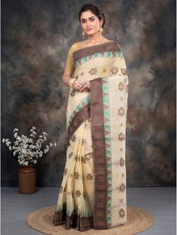 DipDiya - Brown Pure Cotton Traditional Bengali Palasful Tant Saree without Blouse