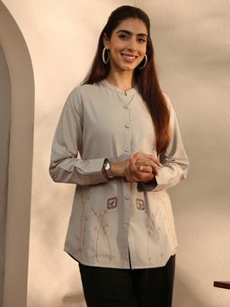 Libas - Grey Floral Embroidered Panelled Mandarin Collar Shirt