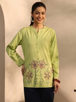 Libas - Yellow Floral Embroidered Panelled Mandarin Collar Shirt