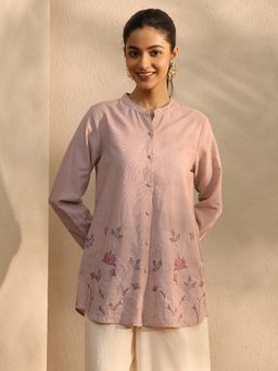 Libas - Peach Floral Embroidered Panelled Mandarin Collar Shirt