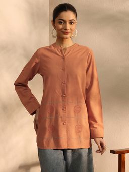 Libas - Rust Thread Embroidered Panelled Mandarin Collar Shirt