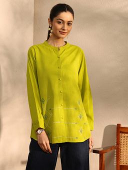 Libas - Lime Green Ethnic Motif Embroidered Panelled Mandarin Collar Shirt