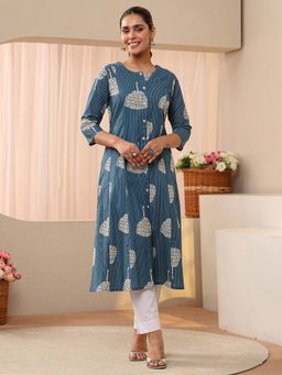 Libas - Blue Motif Printed Panelled A-Line Kurta