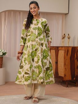 Libas - Off White Floral Printed Panelled A-Line Kurta