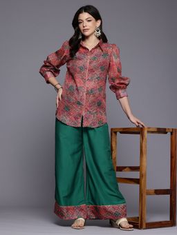 Ahalyaa - Green Women's Printed Shirt with Crop Top and Palazzo