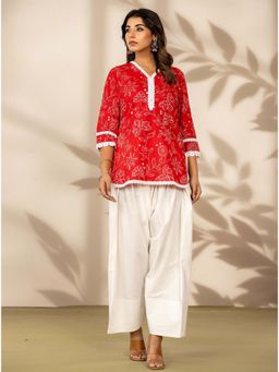 Kasya - Red Floral Cotton Kurti with Farshi Salwar