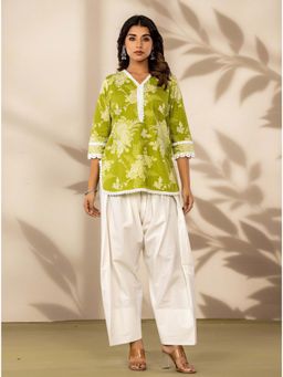 Kasya - Green Floral Cotton Kurti with Farshi Salwar